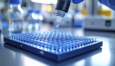 Blue reagent dispensed into a microplate in a bright, modern research lab, Pipette dispensing a