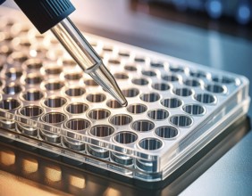 A pipette tip hovers over a pristine multiwell plate, crisp reflections emphasizing clean, precise