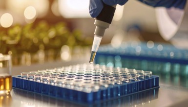 A micropipette releases a yellow sample into a blue multiwell plate under warm light with soft