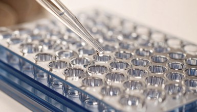 Crystal droplet suspended over reflective microplate wells in soft warm light, Pipette dispensing a