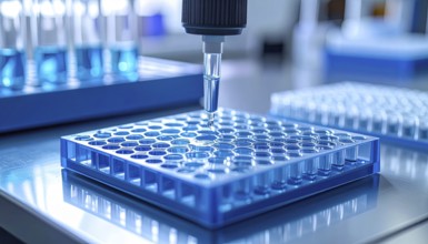 Pipette tip aligns over a blue microplate on a spotless lab bench, cool and controlled, Pipette