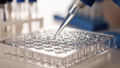 Pipette tip hovers over a clear microplate in a calm, focused lab setting, Pipette dispensing a