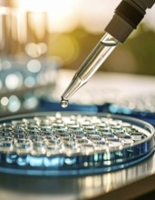A pipette hovers over a round microplate filled with blue solution in soft golden light, Pipette