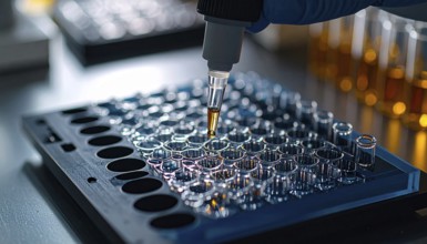 Pipette releases a droplet into a multiwell plate under cool lab light with warm highlights,