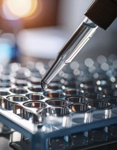 A clear droplet gathers at a pipette over a transparent microplate in softly glowing light, Pipette