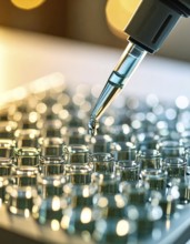 A blue-tinted droplet nears the wells of a microplate amid warm lab glow, Pipette dispensing a