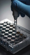 A gloved hand guides a micropipette over a multiwell plate, cool teal light suggesting quiet,