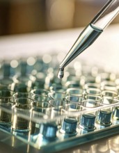 Single droplet suspended over teal-tinted wells on a microplate, Pipette dispensing a liquid onto a