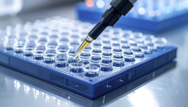 A black pipette delivers yellow reagent into a blue microplate on a clean bench, Pipette dispensing