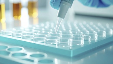 A gloved hand steadies a pipette above a clear plate in a bright, sterile lab, Pipette dispensing a