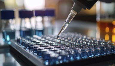 A pipette hovers over a blue-filled microplate as a droplet forms in a calm, sterile lab, Pipette