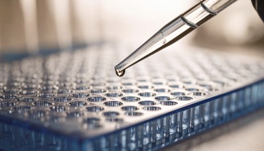 Precise droplet at pipette tip above blue microplate in sterile light, Pipette dispensing a liquid
