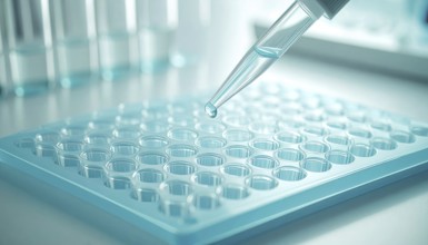 Droplet hangs from a pipette over a blue 96-well plate in a sterile lab, Pipette dispensing a