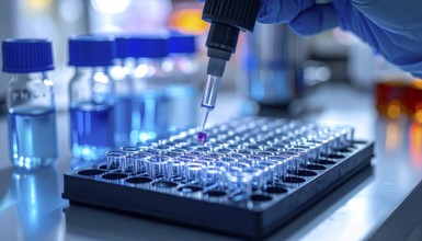 A magenta droplet from a micropipette hovers over clear microtubes amid blue lab glassware,