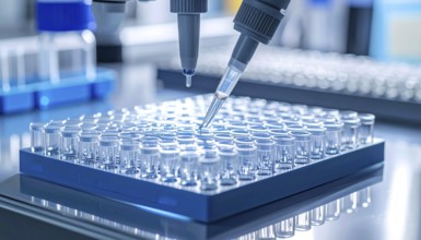 Pipettes dispense reagent into a blue 96-well plate under crisp laboratory light, Pipette