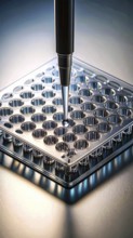 Single droplet forms at a pipette tip over a cool-toned microplate with crisp symmetry, Pipette