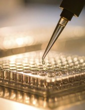 Suspended droplet from a pipette above a microplate in soft golden light, Pipette dispensing a