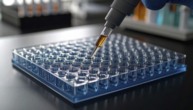 Amber reagent poised at a pipette tip over a blue multiwell plate, Pipette dispensing a liquid onto