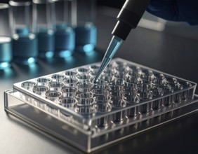 Pipette positions a drop above a clear multiwell plate on a dark bench, Pipette dispensing a liquid