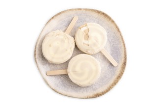 ?hocolate Ice cream in white glaze isolated on white background, top view, flat lay, close up,