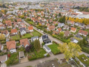 Autumn settlement with yellow tree avenue and view of the city under grey clouds, Metzingen,