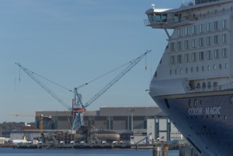 Bow of Norwegian Color Line ferry and cruise ship Color Magic, submarine under construction, armor,