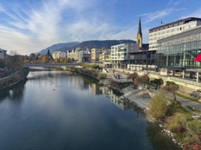 Waterfront with Congress Center, Berge, Drau, Drau Cycle Path, Carinthia, Villach, Austria