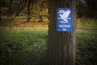 Poster on a tree trunk, call for a demonstration against war, peace demo, dove of peace, day of