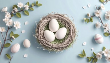 Nest with easter eggs in grass on a sunny spring day, Easter wallpaper decoration drawing, banner,