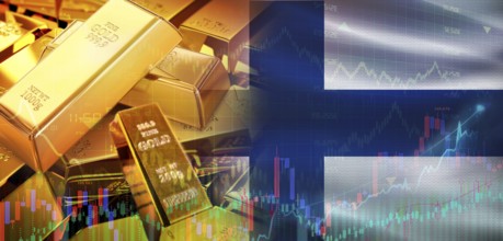 Gold bars stacked on Finnish flag. Finland gold reserves, Concept
