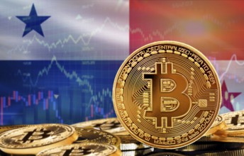 Investors in cryptocurrency and Blockchain Technology in Panama, Concept. Bitcoin with Panama flag