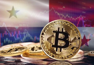 Bitcoin with Panama flag in the background. Investors in cryptocurrency and Blockchain Technology