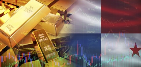 Gold bars stacked on Panamanian flag. Panama gold reserves, Concept