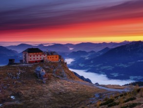 Watzmannhaus at dawn, fog in the valley, Berchtesgaden National Park, Schönau am Königssee,