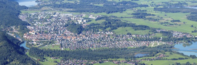 Panorama of Tegelberg, 1881m, on Füssen with historic old town, the Lech and behind it the