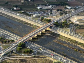 Turia flood canal and road bridges, aerial view, Valencia, Spain