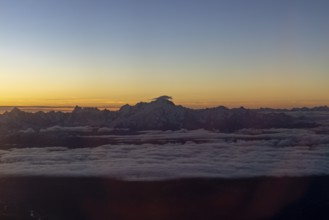 Dawn with view of Mont Blanc massif and the French Alps, aerial view, France