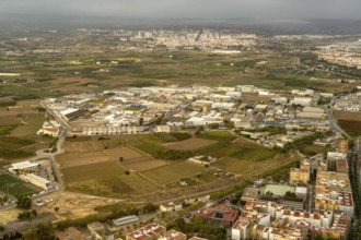Industrial area at airport, aerial view, Valencia, Spain