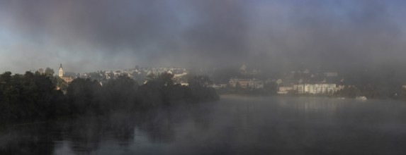 Morning fog over the Rhine, Laufenburg (D) and Laufenburg (CH), Switzerland