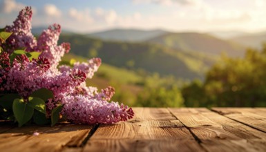 Beautiful Spring Lilacs Bloom Over Wooden Table with Rolling Hills in Background, sunrise at