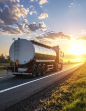 Petrol cargo truck lorry tanker driving on highway hauling oil products at sunrise, wide hilly