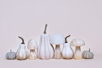 Decorative pumpkin, mushroom and acorn ornaments on beige background. Boho autumn composition