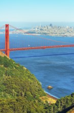 View of Golden Gate Bridge and financial district in the distance, San Francisco, California, USA