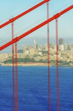View of Golden Gate Bridge and financial district in the distance, San Francisco, California, USA