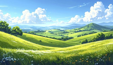 Fresh summer hilly Landscape with blooming Meadow, green plants, Blue Sky with cloudy sky, serene