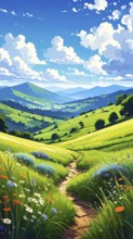 Fresh summer hilly Landscape with blooming Meadow, green plants, Blue Sky with cloudy sky, serene