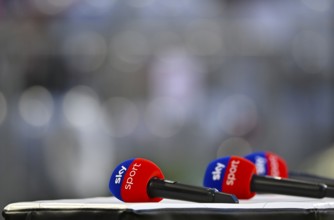 Detailed view, SKY logo microphones lying on presentation table, German Classico, FC Bayern Munich