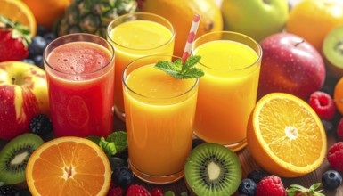 Fresh fruit juices in glasses, surrounded by colorful fruits, showcasing healthy drinking and