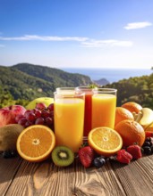 Fresh fruit juices in glasses, surrounded by colorful fruits, showcasing healthy drinking and