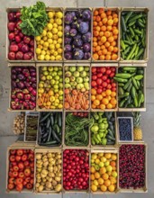 Fresh fruits and vegetables in a market display, aerial view perpendicular top down, healthy eating